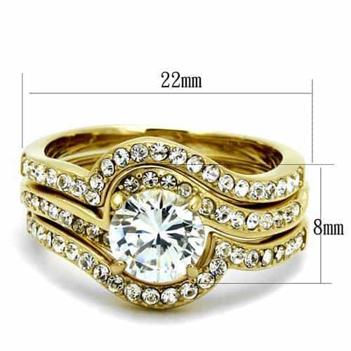 Stainless Steel Gold IP CZ Round Solitaire Pave Bridal Stack Ring view 4