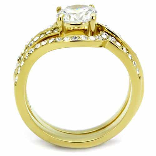 Stainless Steel Gold IP CZ Round Solitaire Pave Bridal Stack Ring view 6