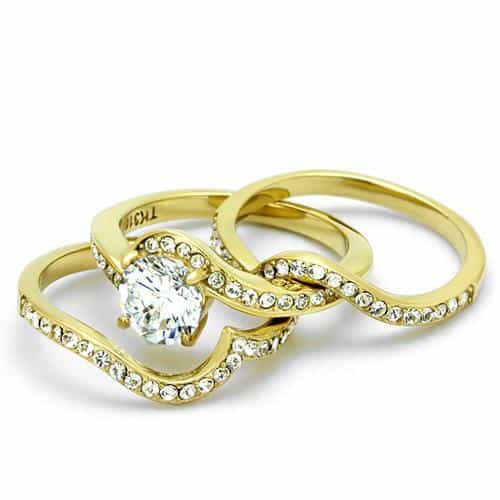 Stainless Steel Gold IP CZ Round Solitaire Pave Bridal Stack Ring view 10