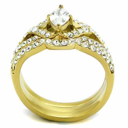Stainless Steel Gold IP CZ Marquise Pave Crown Bridal Stack Ring view 6