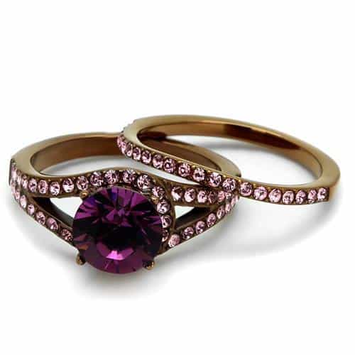 Stainless Steel Coffee Brown IP Amethyst Purple CZ Round Ring view 10