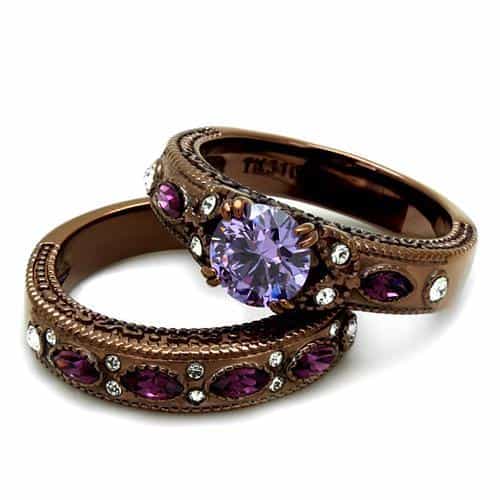 Stainless Steel Coffee Brown IP Amethyst Purple Marquise CZ Ring view 10