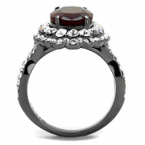 Stainless Steel Red Garnet Oval CZ Double Halo Pave Cocktail Ring view 6