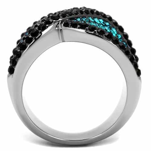 Stainless Steel Black Jet Aquamarine Crystal Pave Wide Dome Ring view 6