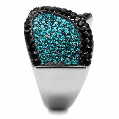 Stainless Steel Black Jet Aquamarine Crystal Pave Wide Dome Ring view 8