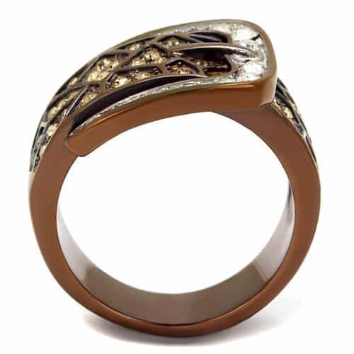 Stainless Steel Coffee Brown IP Champagne CZ Pave Buckle Ring view 6