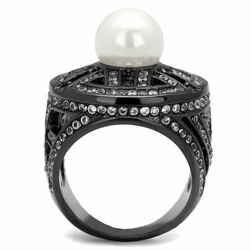Stainless Steel Dark Gunmetal White Pearl CZ Pave Lattice Ring view 6