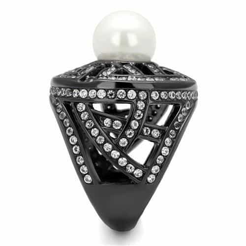 Stainless Steel Dark Gunmetal White Pearl CZ Pave Lattice Ring view 8