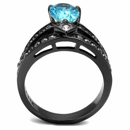 Stainless Steel Dark Gunmetal Aquamarine Pear CZ Pave V Ring view 6