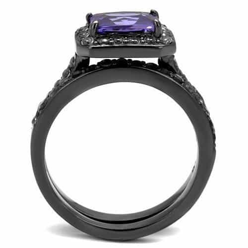 Stainless Steel Dark Gunmetal Tanzanite Purple CZ Emerald Ring view 6