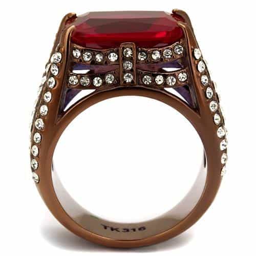 Stainless Steel Coffee Brown IP Red Ruby Princess CZ Pave Ring view 6