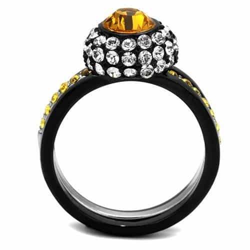 Stainless Steel Black IP Topaz Orange CZ Round Halo Yellow Ring view 6