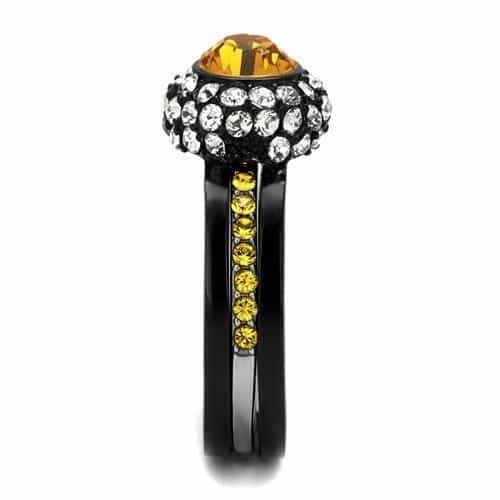 Stainless Steel Black IP Topaz Orange CZ Round Halo Yellow Ring view 8