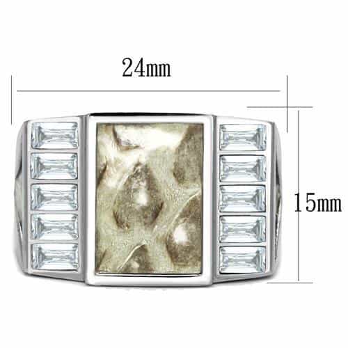 Stainless Steel Marble Gray Resin CZ Baguette Square Signet Ring view 4
