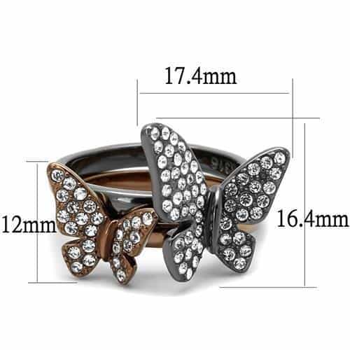 Stainless Steel Two Tone Coffee Brown Rose Gold CZ Butterfly Ring view 4
