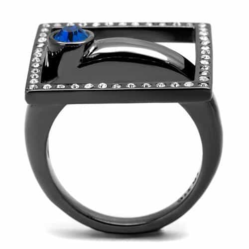 Stainless Steel Dark Gunmetal Blue Sapphire CZ Square Ring view 6