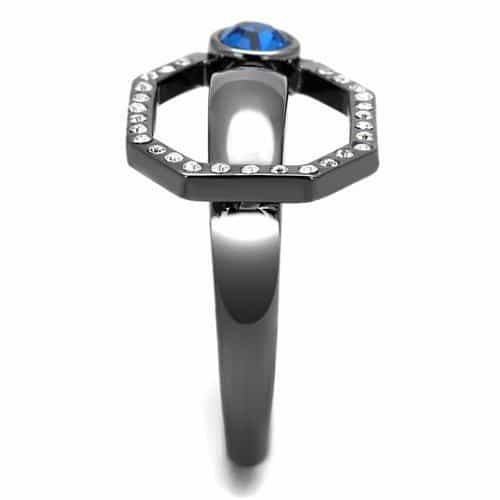 Stainless Steel Dark Gunmetal Blue Sapphire CZ Oval Triangle Ring view 8