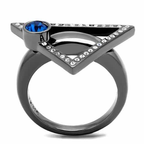 Stainless Steel Dark Gunmetal Blue Sapphire CZ Triangle Ring view 6