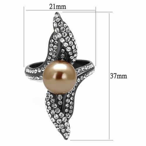 Stainless Steel Dark Gunmetal Brown Pearl CZ Pave Leaf Swirl Ring view 4