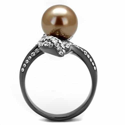 Stainless Steel Dark Gunmetal Brown Pearl CZ Pave Leaf Swirl Ring view 6