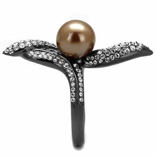 Stainless Steel Dark Gunmetal Brown Pearl CZ Pave Leaf Swirl Ring view 8