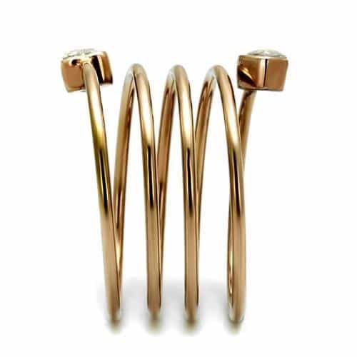 Stainless Steel Rose Gold IP CZ Round Bezel Spiral Coil Wide Ring view 8
