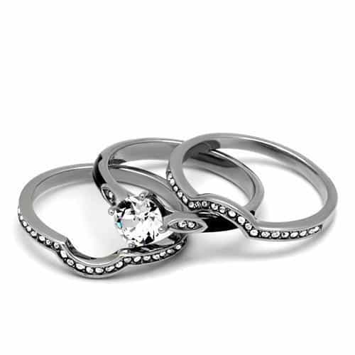 Stainless Steel CZ Round Pave Leaf Vine Bridal Stack Ring view 10
