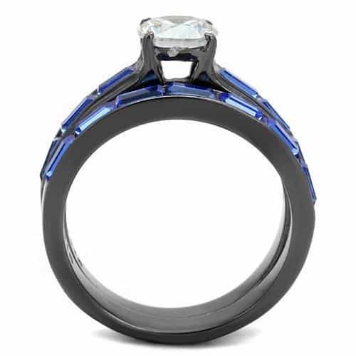 Stainless Steel Dark Gunmetal Light Blue CZ Baguette Channel Ring view 6