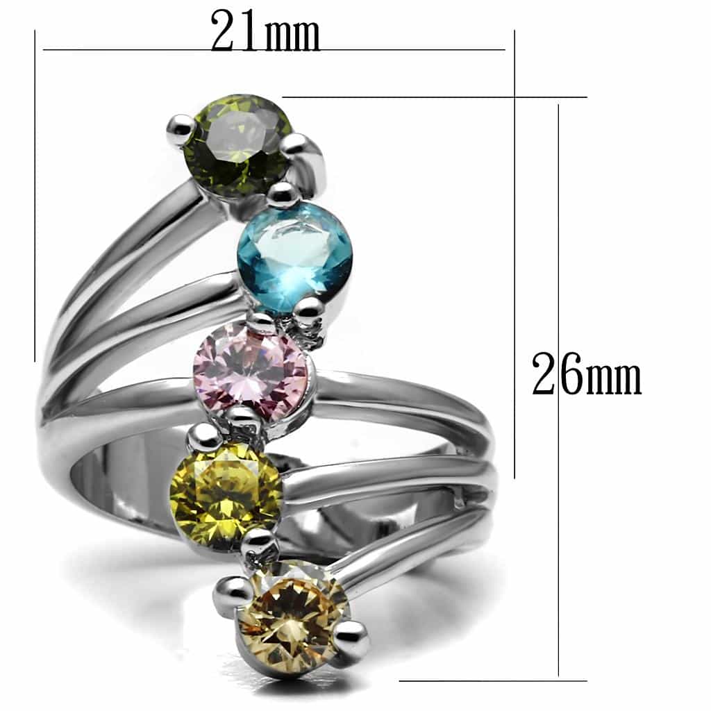 Stainless Steel Multi Color CZ Round Five Stone Waterfall Ring view 6