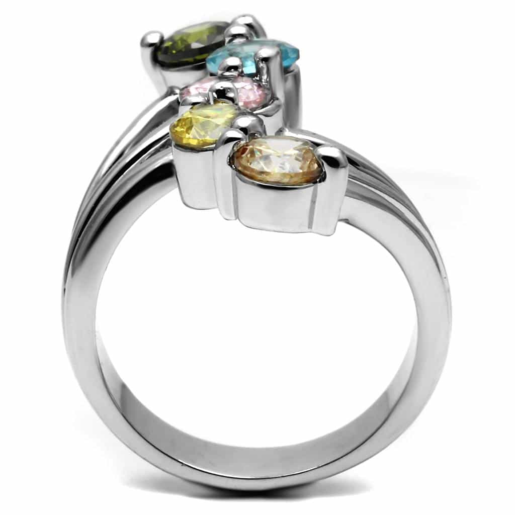 Stainless Steel Multi Color CZ Round Five Stone Waterfall Ring view 8