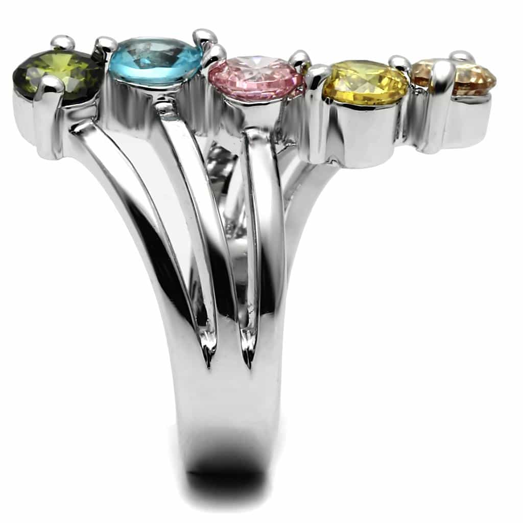 Stainless Steel Multi Color CZ Round Five Stone Waterfall Ring view 10