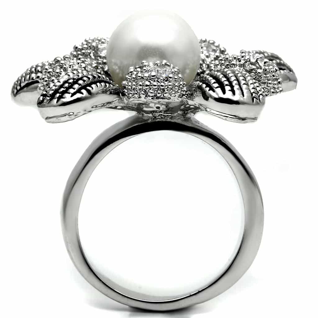 Stainless Steel White Pearl CZ Pave Sunflower Cocktail Ring view 6