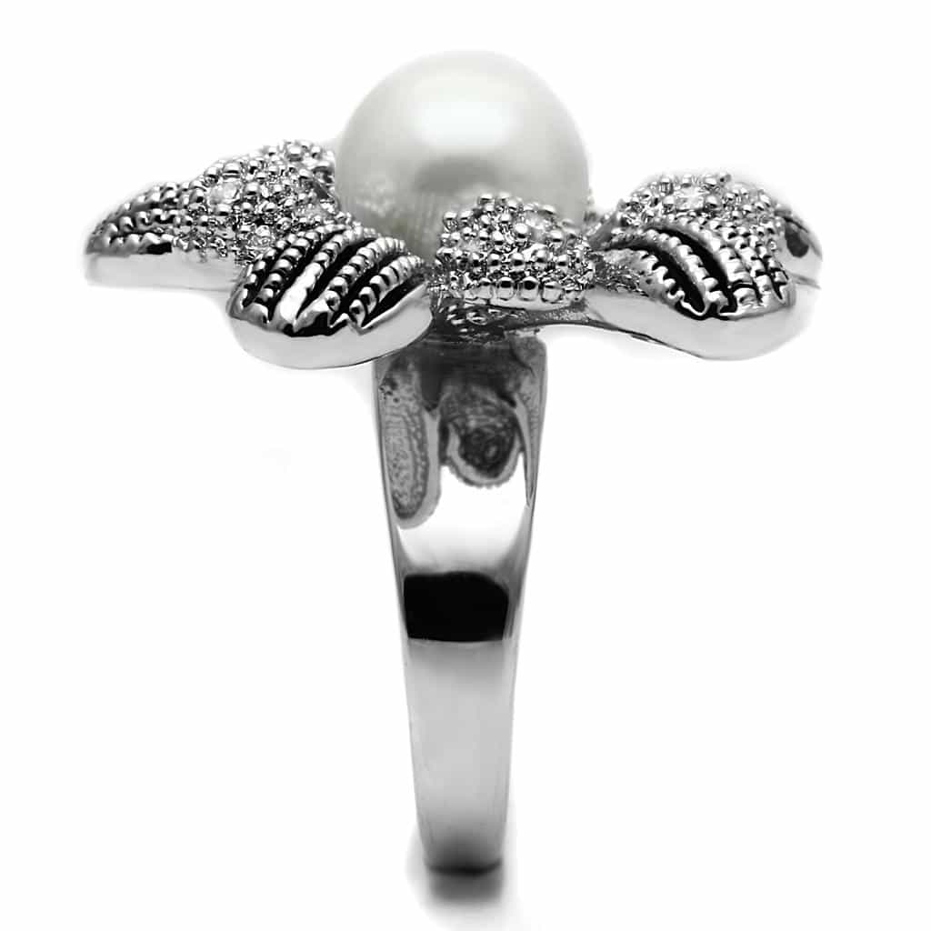 Stainless Steel White Pearl CZ Pave Sunflower Cocktail Ring view 8