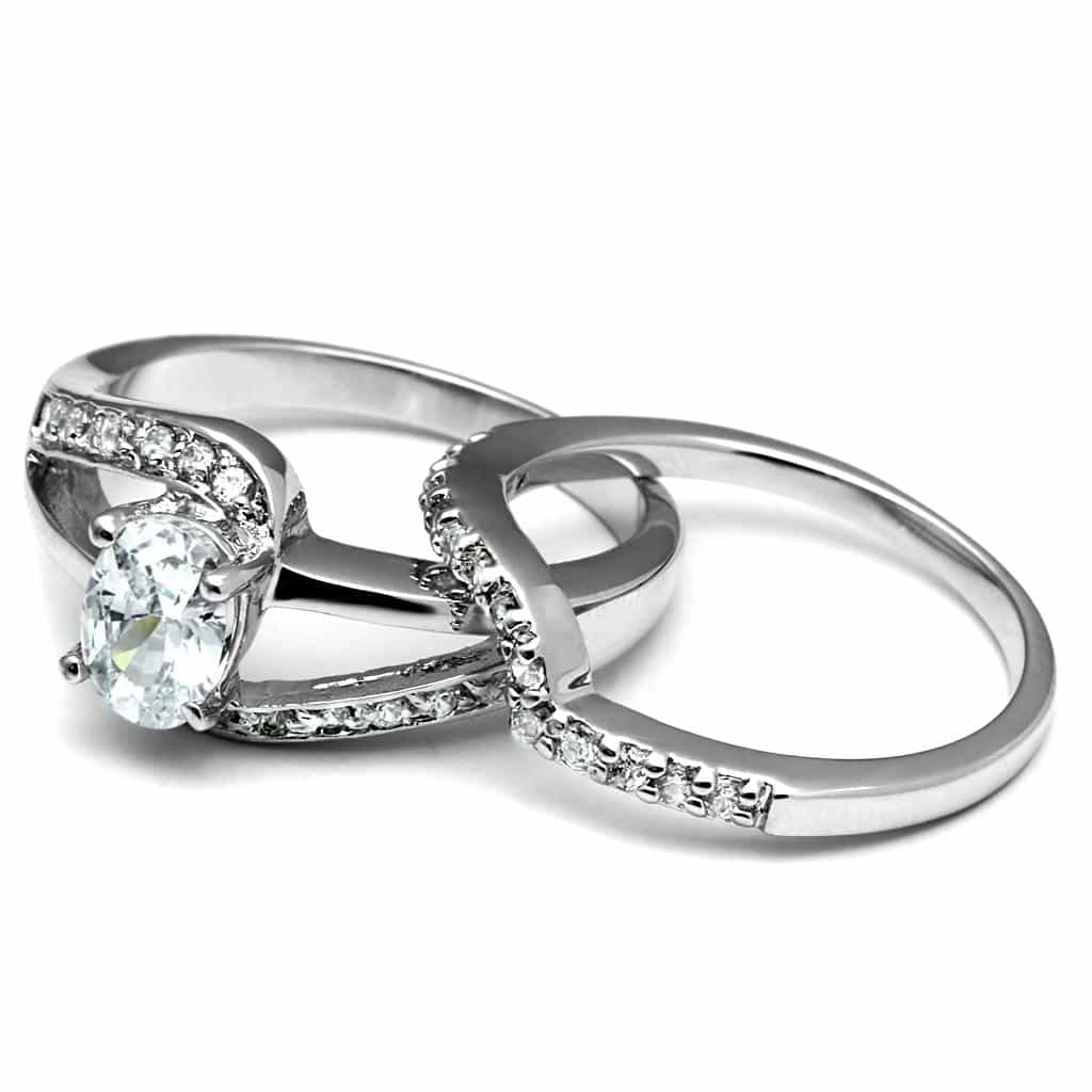 Stainless Steel CZ Round Pave Chevron Wave Bridal Ring view 8