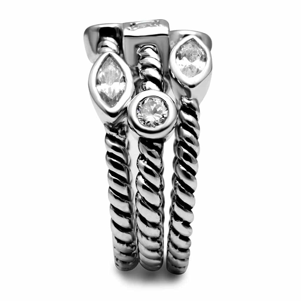 Stainless Steel CZ Multi Shape Bezel Twisted Rope Stack Ring view 8