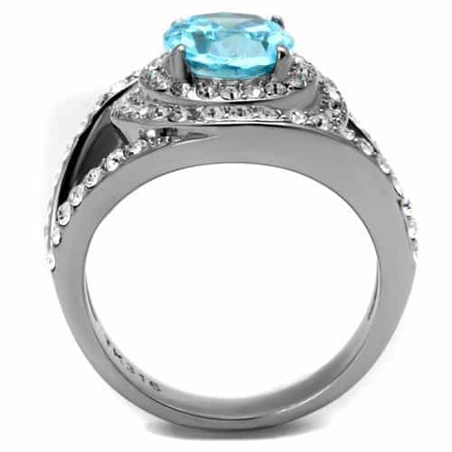 Stainless Steel Aquamarine Blue CZ Cushion Double Halo Pave Ring view 6