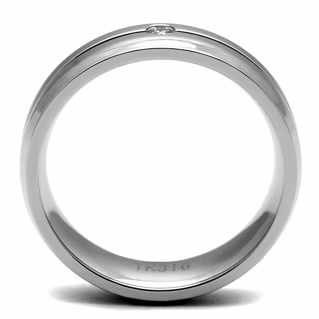 Stainless Steel CZ Single Bezel Grooved Step Band Ring view 6