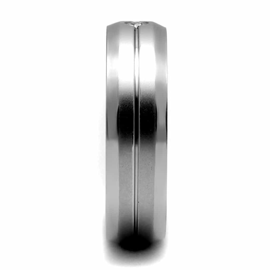 Stainless Steel CZ Single Bezel Grooved Step Band Ring view 8