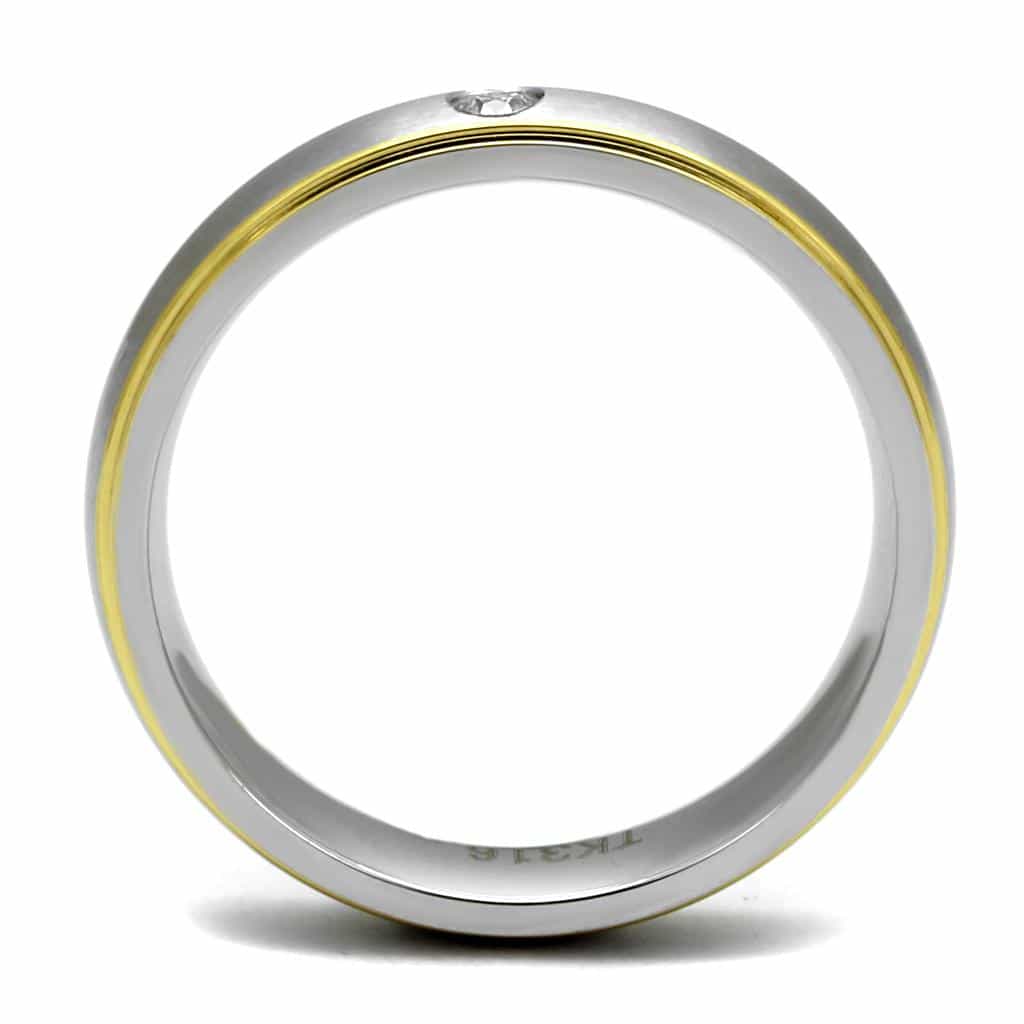 Stainless Steel Two Tone Gold CZ Single Bezel Satin Band Ring view 6