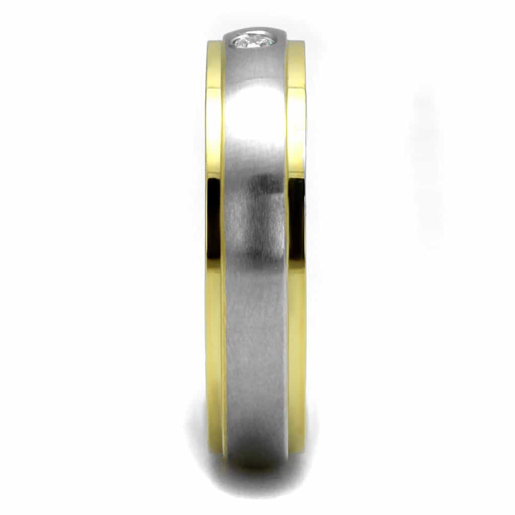 Stainless Steel Two Tone Gold CZ Single Bezel Satin Band Ring view 8