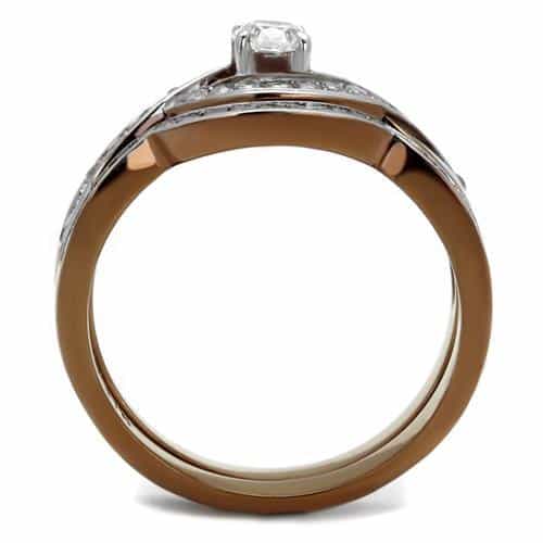Stainless Steel Two Tone Coffee Brown Silver CZ Round Pave Ring view 6