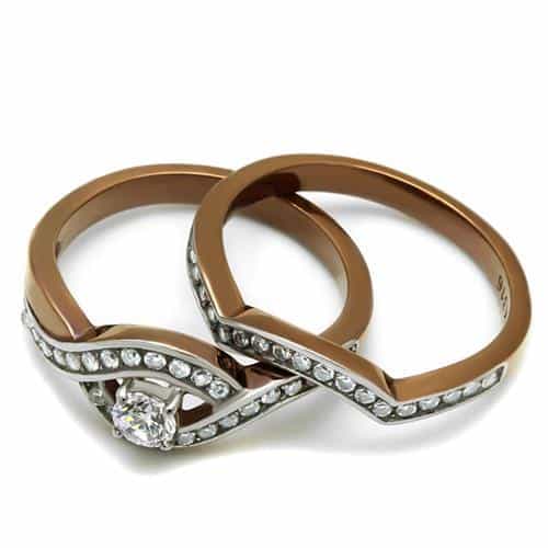 Stainless Steel Two Tone Coffee Brown Silver CZ Round Pave Ring view 10