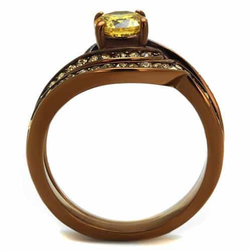 Stainless Steel Coffee Brown IP Yellow CZ Round Pave Wave Ring view 6