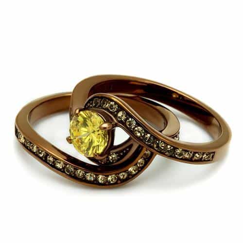 Stainless Steel Coffee Brown IP Yellow CZ Round Pave Wave Ring view 10