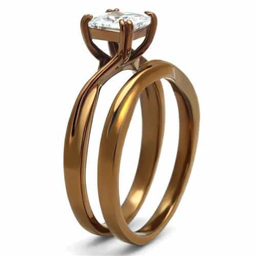 Stainless Steel Coffee Brown IP CZ Princess Pave Bridal Ring view 8