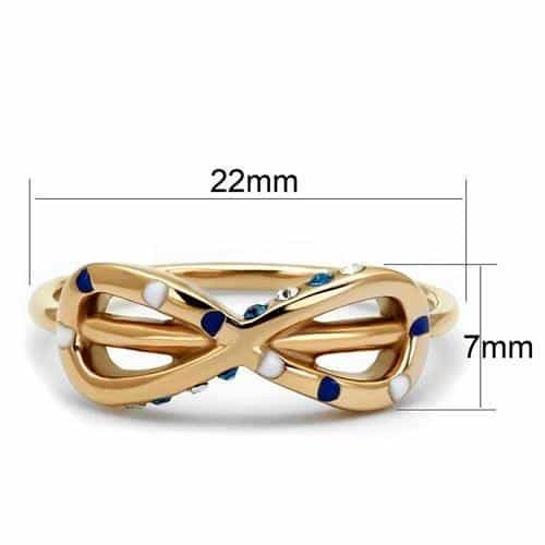 Stainless Steel Gold IP Blue Enamel CZ Infinity Bow Ring view 4