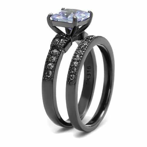 Stainless Steel Dark Gunmetal Tanzanite Purple CZ Princess Ring view 8
