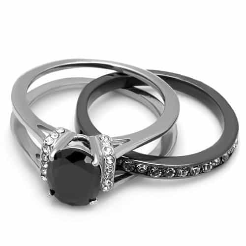 Stainless Steel Black Onyx CZ Oval Pave Bypass Bridal Ring view 10