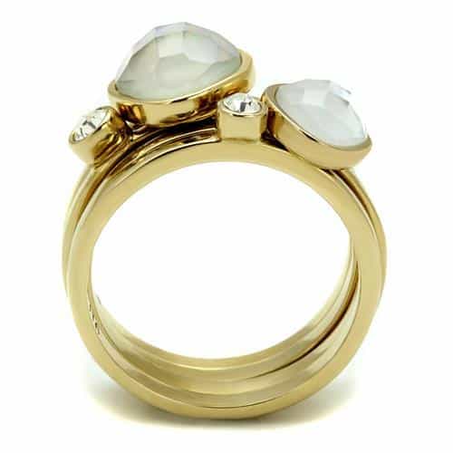 Stainless Steel Gold IP White Opal Mother of Pearl CZ Stack Ring view 6