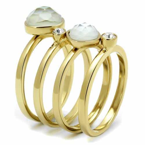 Stainless Steel Gold IP White Opal Mother of Pearl CZ Stack Ring view 8